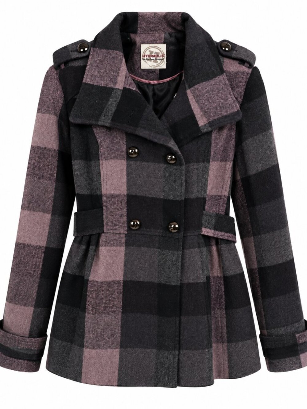 Hydraulic Plaid Wool Blend Double Breasted Belted Coat XL Mauve Black